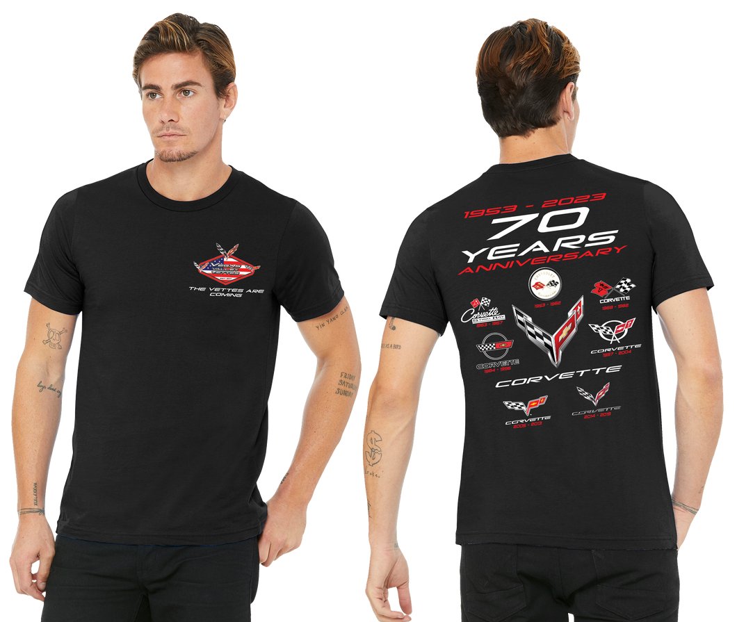 Vegas Valley Vettes 70 years of Corvettes shirt with a   C1-C8 Timeline
